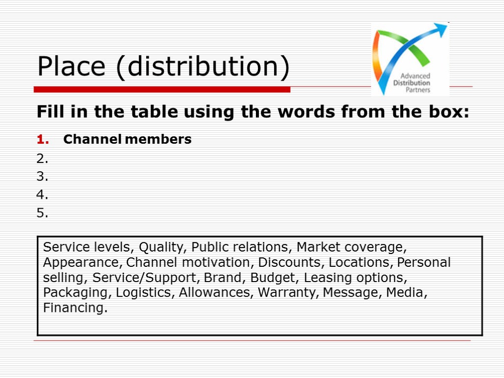Place (distribution) Fill in the table using the words from the box: Channel members